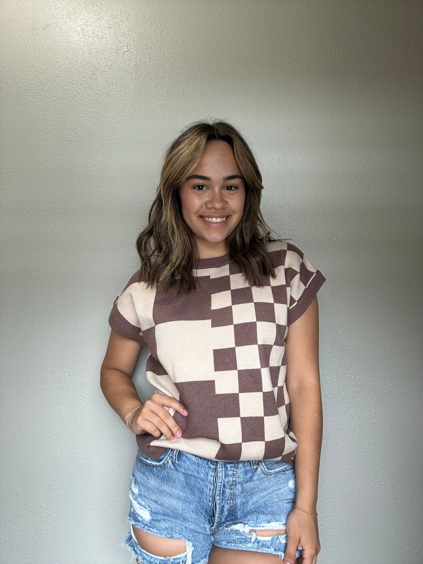 Checkered Pattern Knitted Top