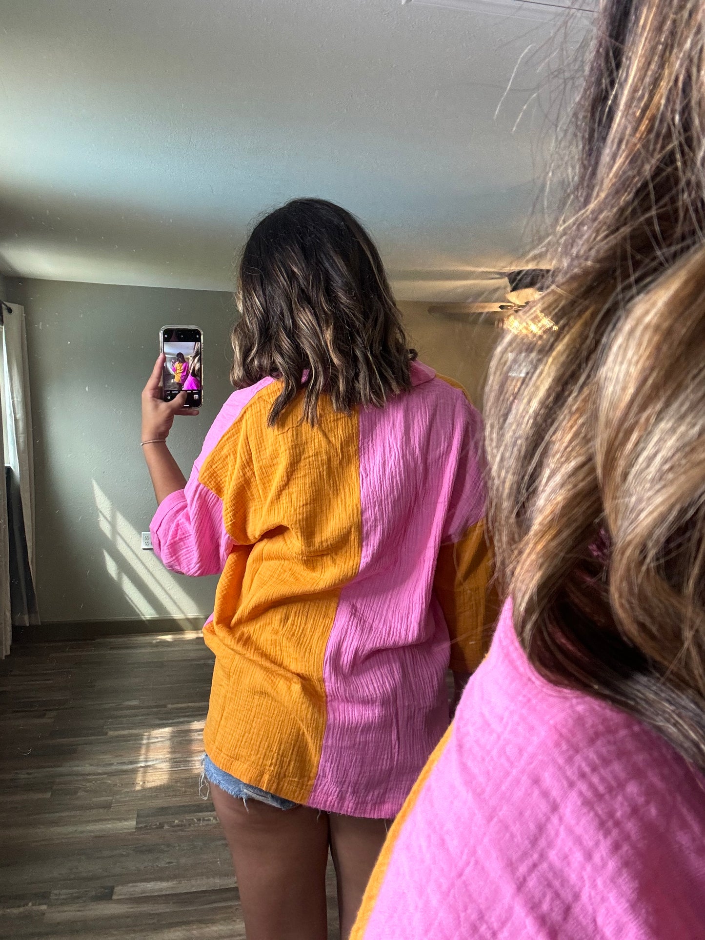 Orange and Pink Color Block Button Down