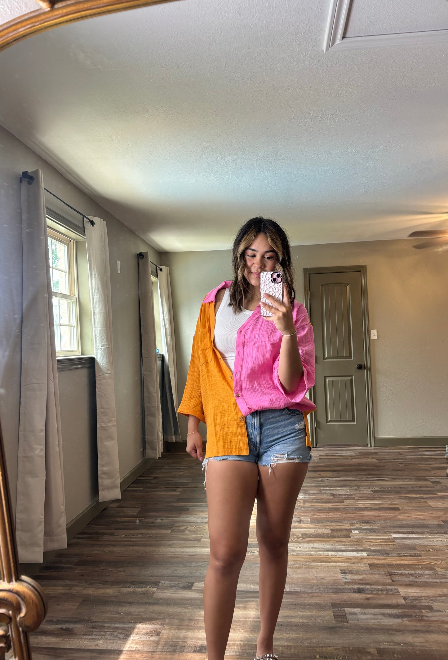 Orange and Pink Color Block Button Down