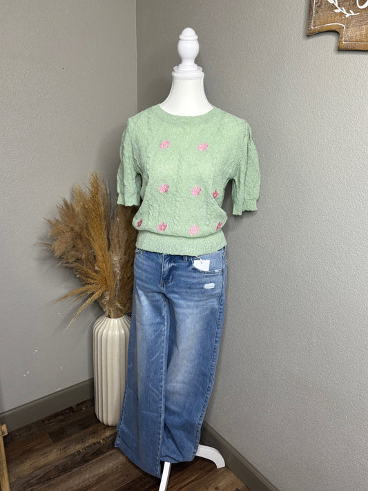 Cable Knit Floral Embroidery Top