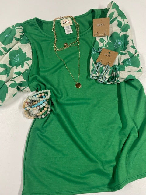 Kelley Green Bubble Sleeve Floral top