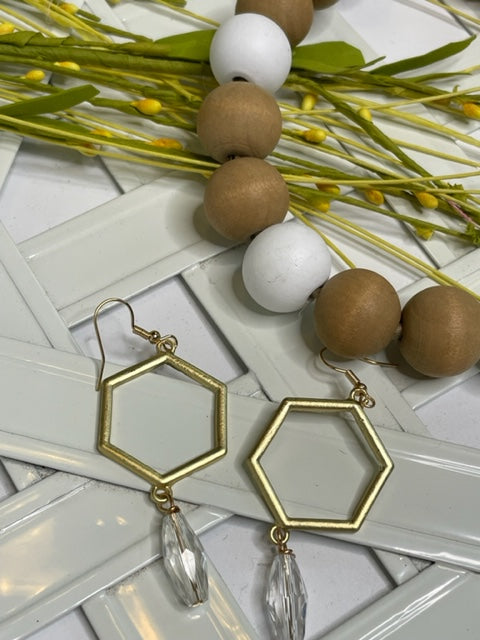 Gold Hexagon with crystal bead earring