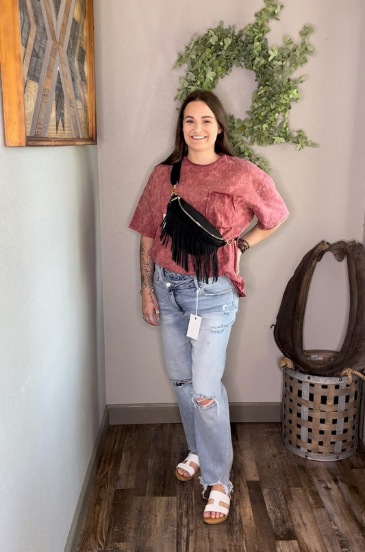 Burgundy Acid Washed Boyfriend Tee