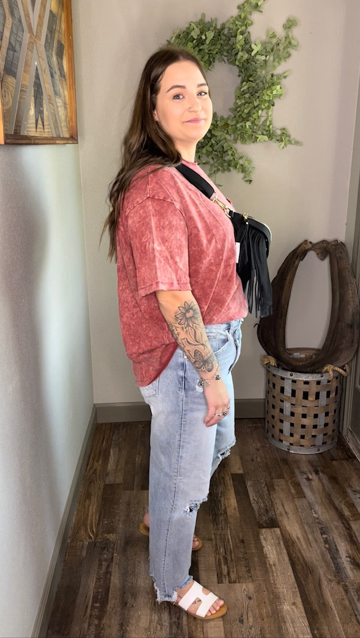 Burgundy Acid Washed Boyfriend Tee